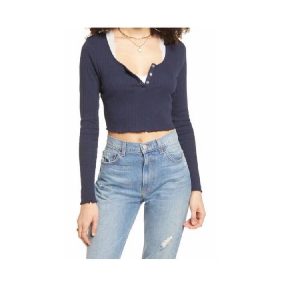 BP Navy Long Sleeve Ribbed Henley Crop Top - S